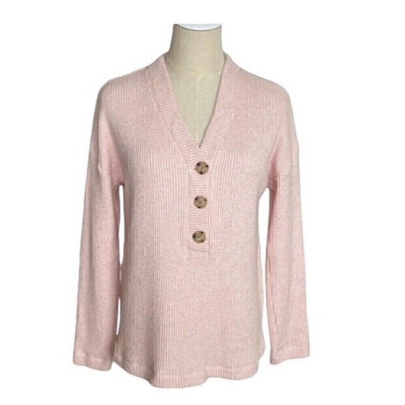 J Jill Sweater Pullover Henley V-Neck Long Sleeve Button Front Waffle Pink SZ S - Picture 2 of 12